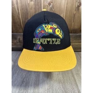 VTG Rare Seattle Mayan Hieroglyphic Black & Yellow Cap Hat Snap-Back Y2K 80s 90s